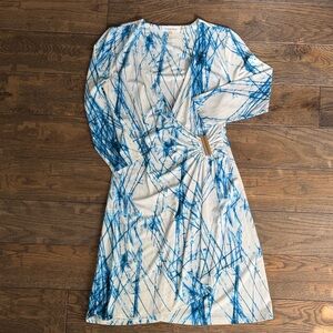 Calvin Klein White and Blue Long Sleeve Wrap Dress